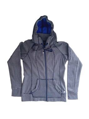 Athleta Full Zip Striped Hoodie Dual Pockets Fleece Lined Navy Blue White Medium